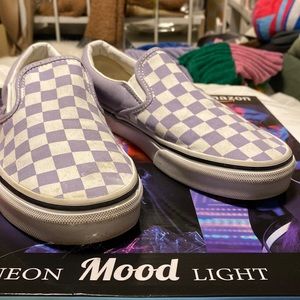 Purple checkered slip on vans